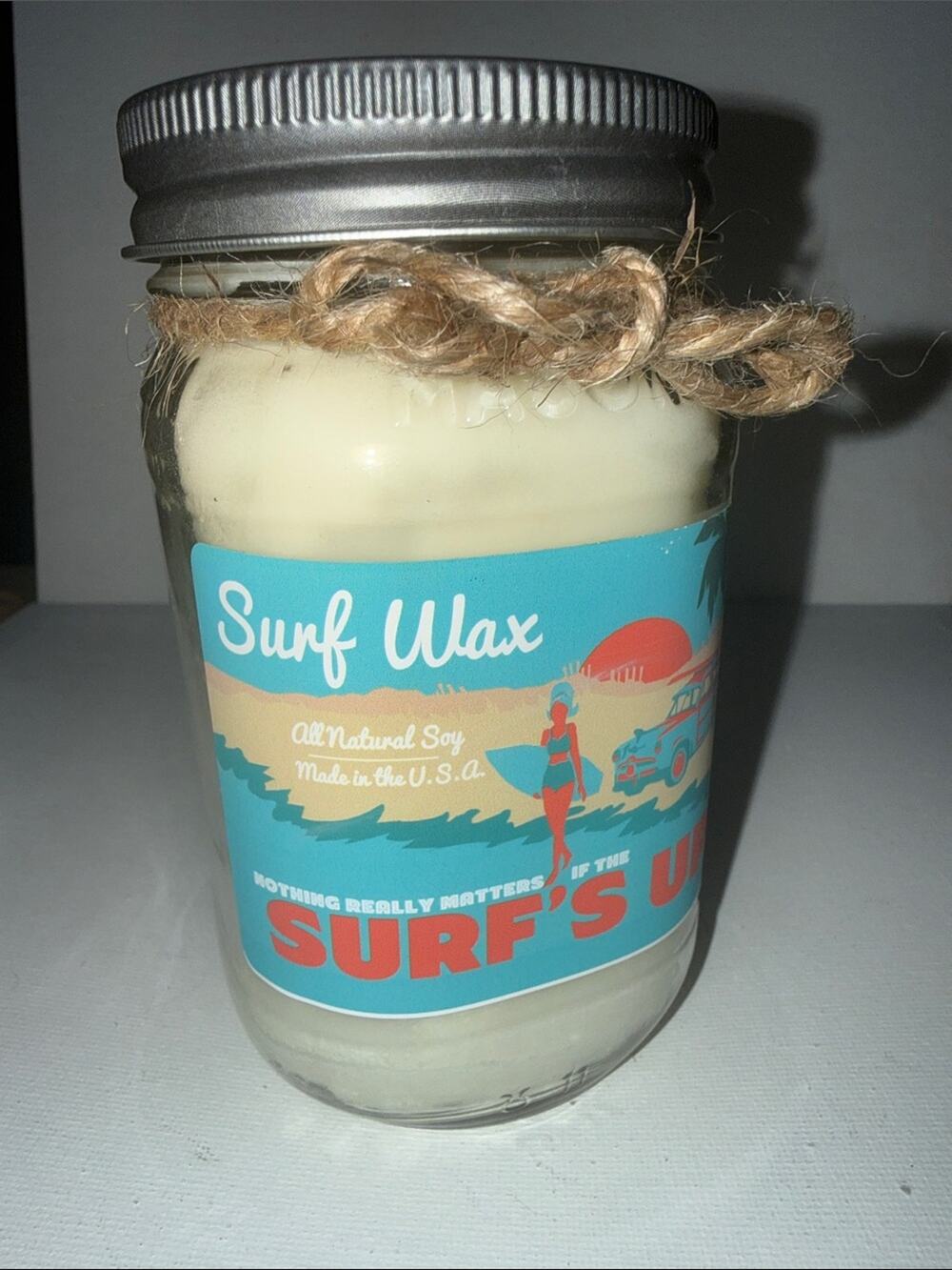 Surfs Up…Surf Wax Scented Soy Candle - Cream with Blue Label